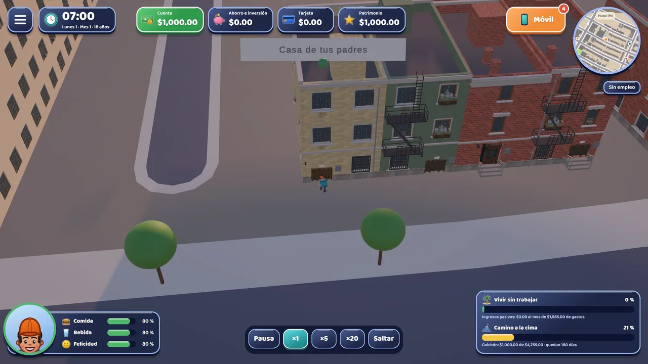 Screenshot of the prototype: the player outside their parents’ building in the Bronx, with money, needs and goals on screen